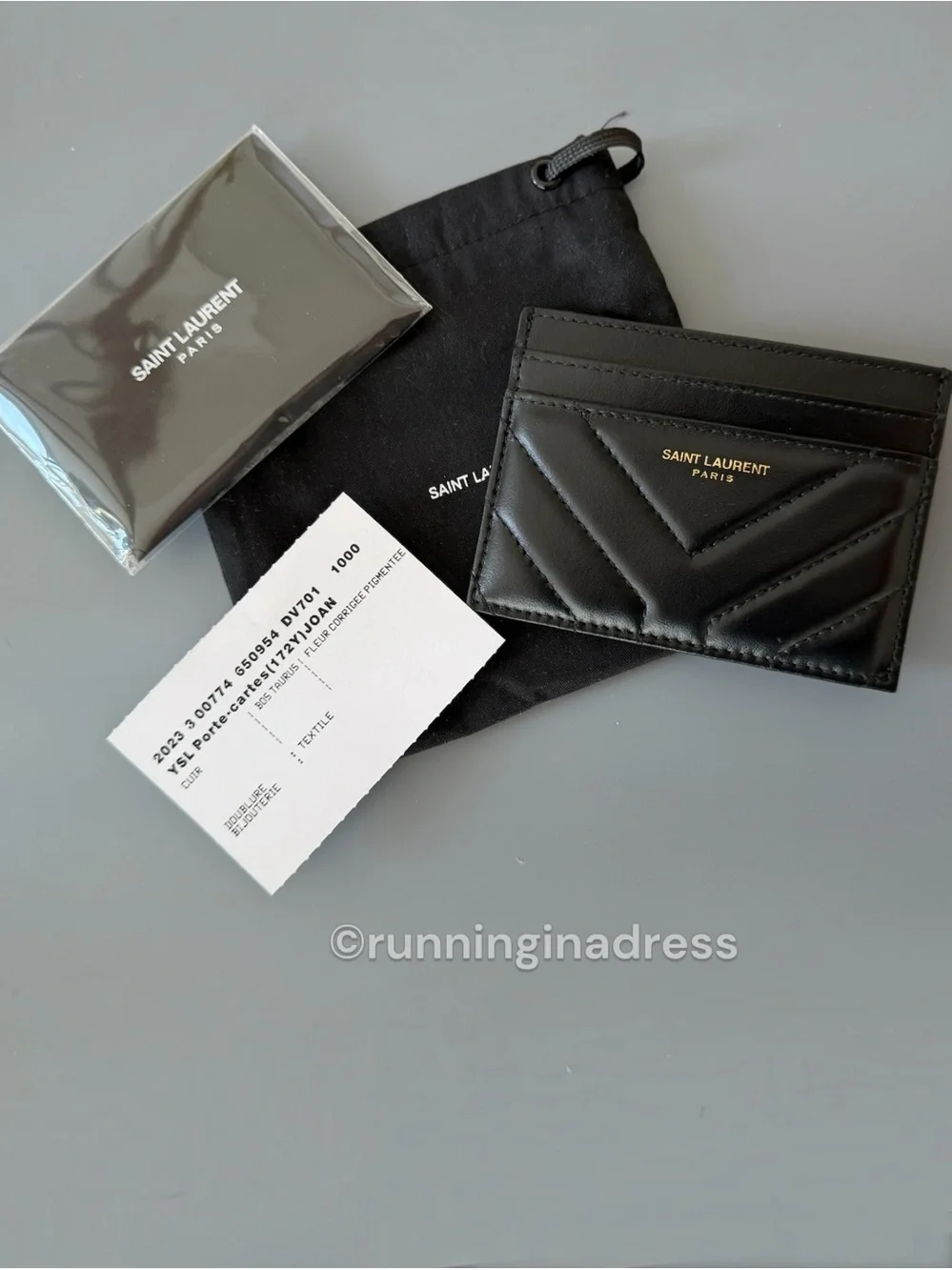 Saint Laurent YSL Joan Quilted Leather Card Case Holder Wallet Black Gold Stamp